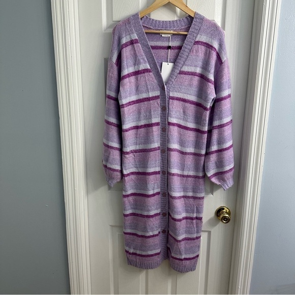 Lovers + Friends Cardigan Sweater Long Striped Knit Purple Size Extra Small New - Picture 4 of 7